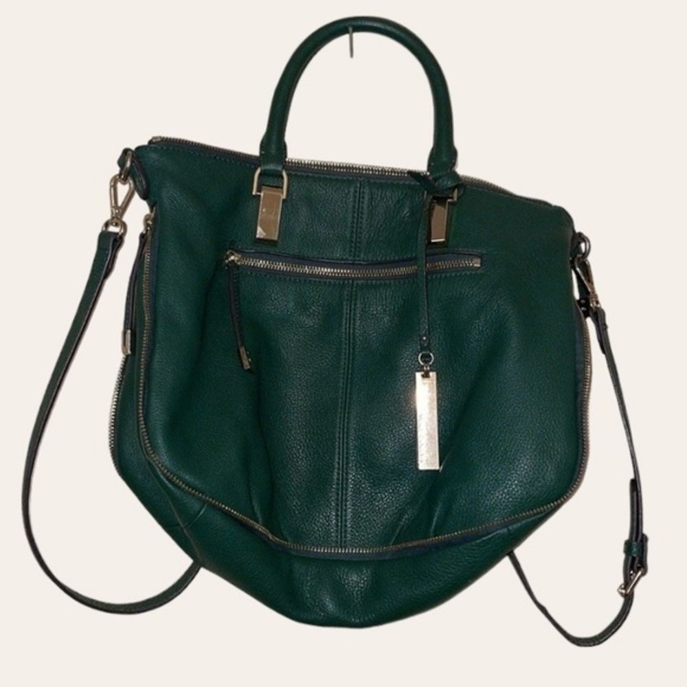 VINCE CAMUTO GREEN Leather Gold Zipper Trim Hardware Purse Crossbody Strap
